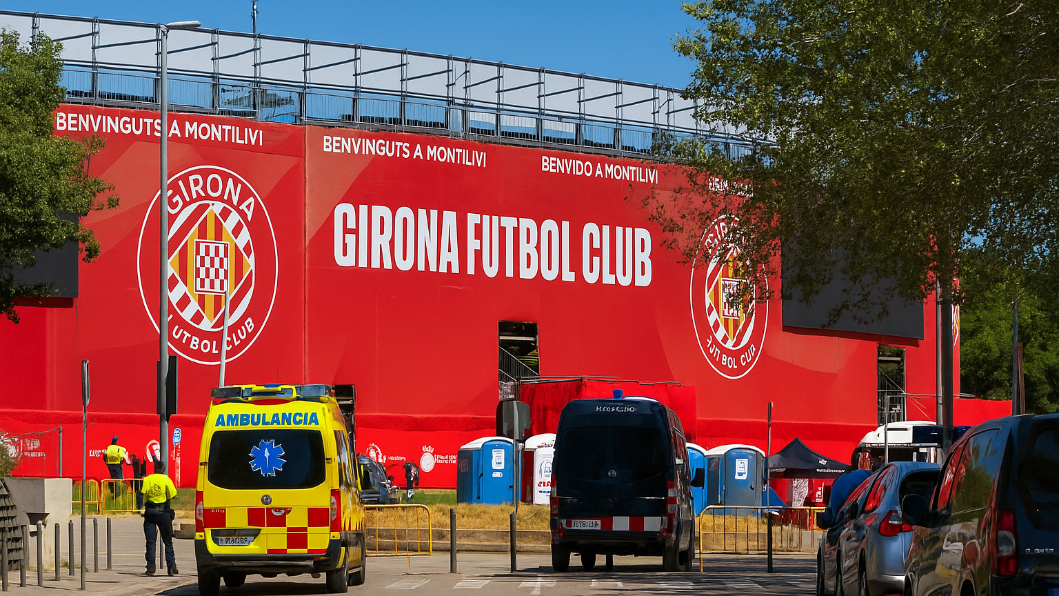 A yellow ambulance and other vehicles are parked outside a stadium with a large red banner displaying 'GIRONA FUTBOL CLUB' and its crest.