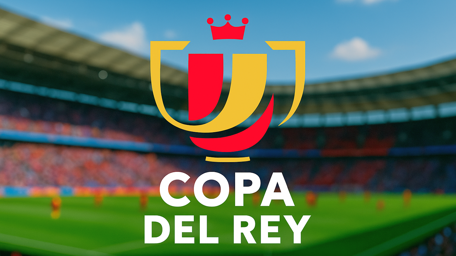 Logotipo de la Copa del Rey con un trofeo estilizado rojo y dorado con una corona, sobre un estadio de fútbol borroso.