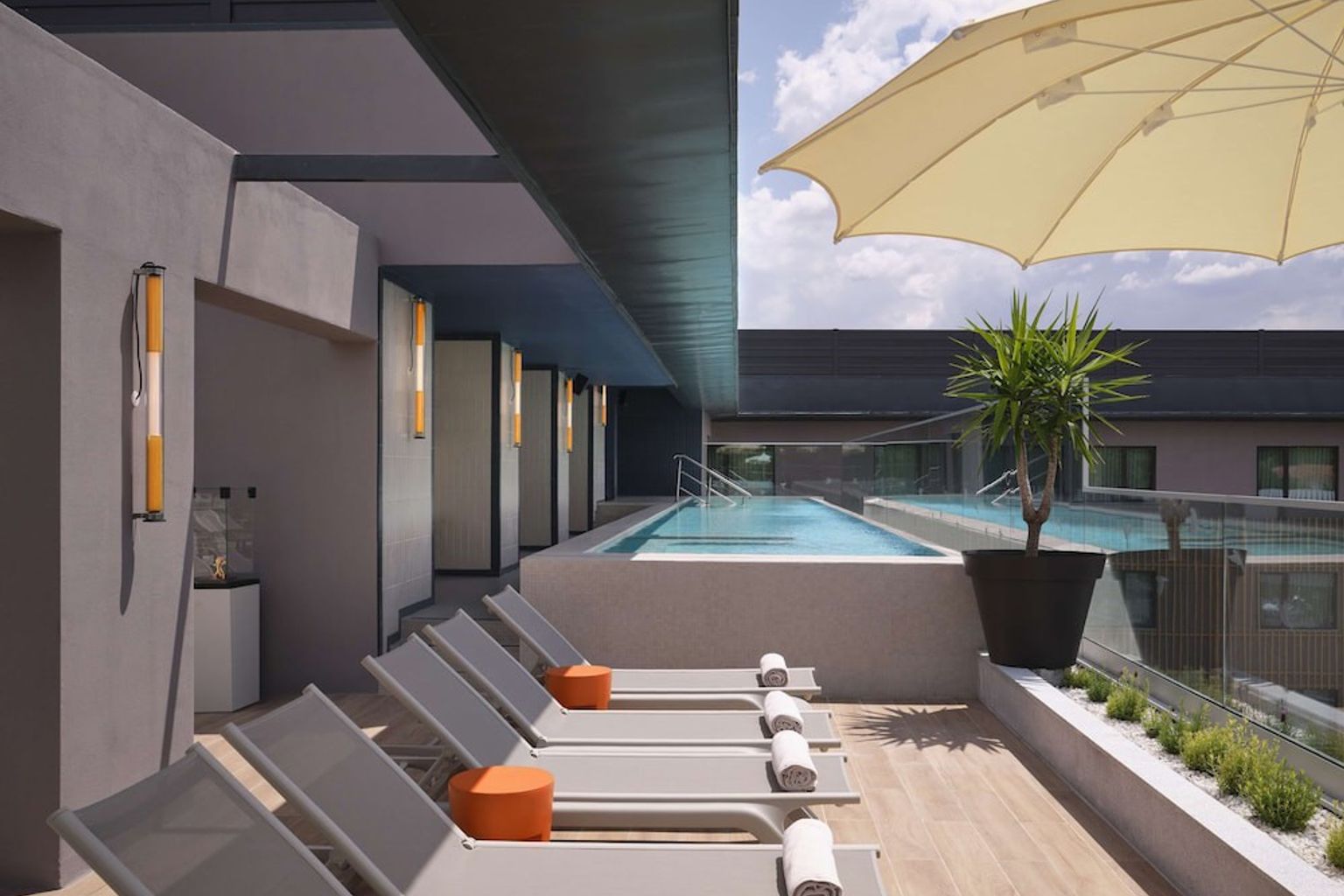 Modern takterrass med en swimmingpool, solstolar, ett parasoll och krukväxter.