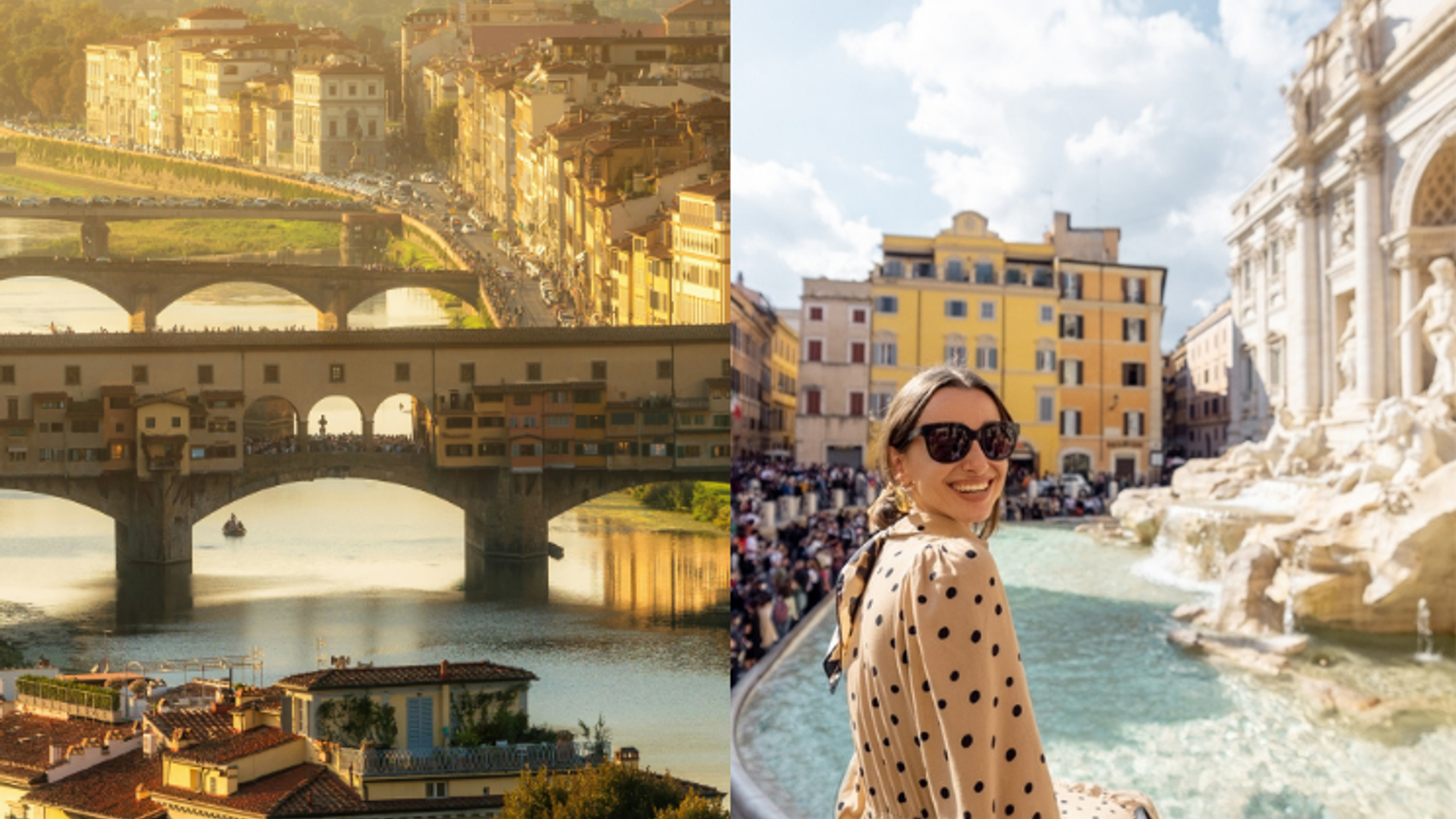 Delad bild som visar Ponte Vecchio i Florens till vänster, och en kvinna som ler vid Fontana di Trevi i Rom till höger.