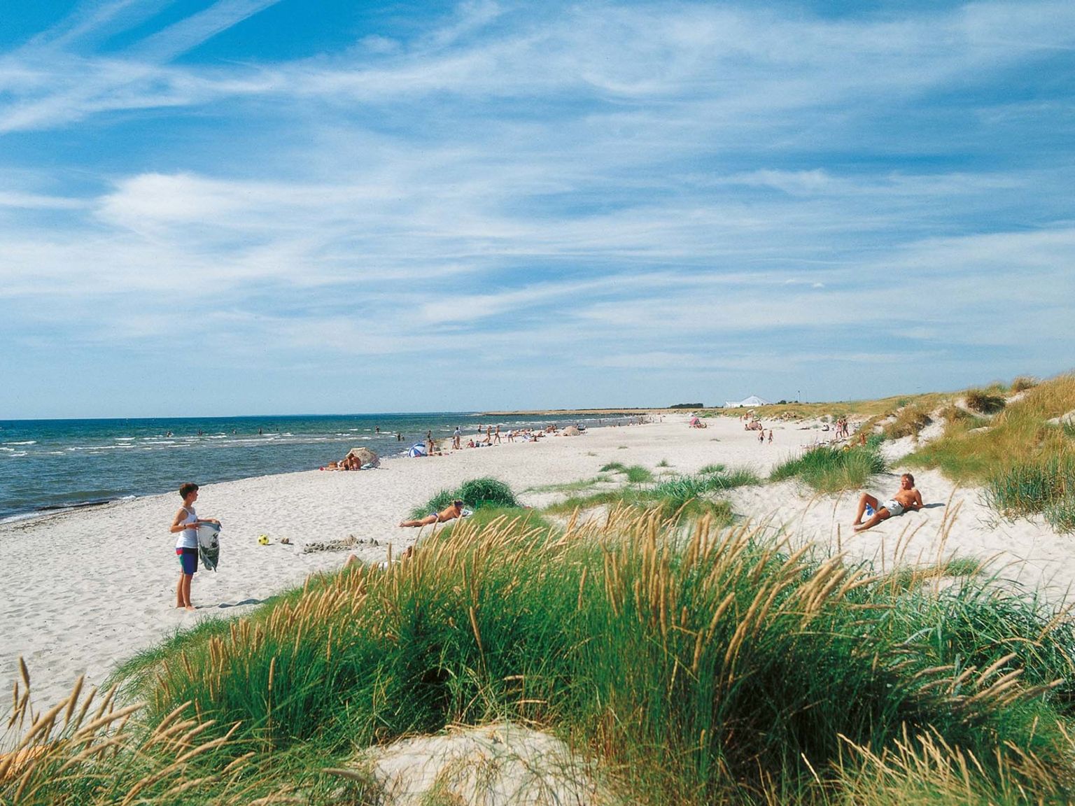 En sandstrand med mennesker, grønne sanddyner og et rolig hav under en blå himmel. Lalandia Rødby