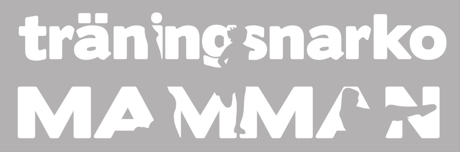 Vit text ”träningsnarkomamman” på grå bakgrund, med siluetter av en löpare, en bebis, ett barn och en tränande person integrerade i bokstäverna.