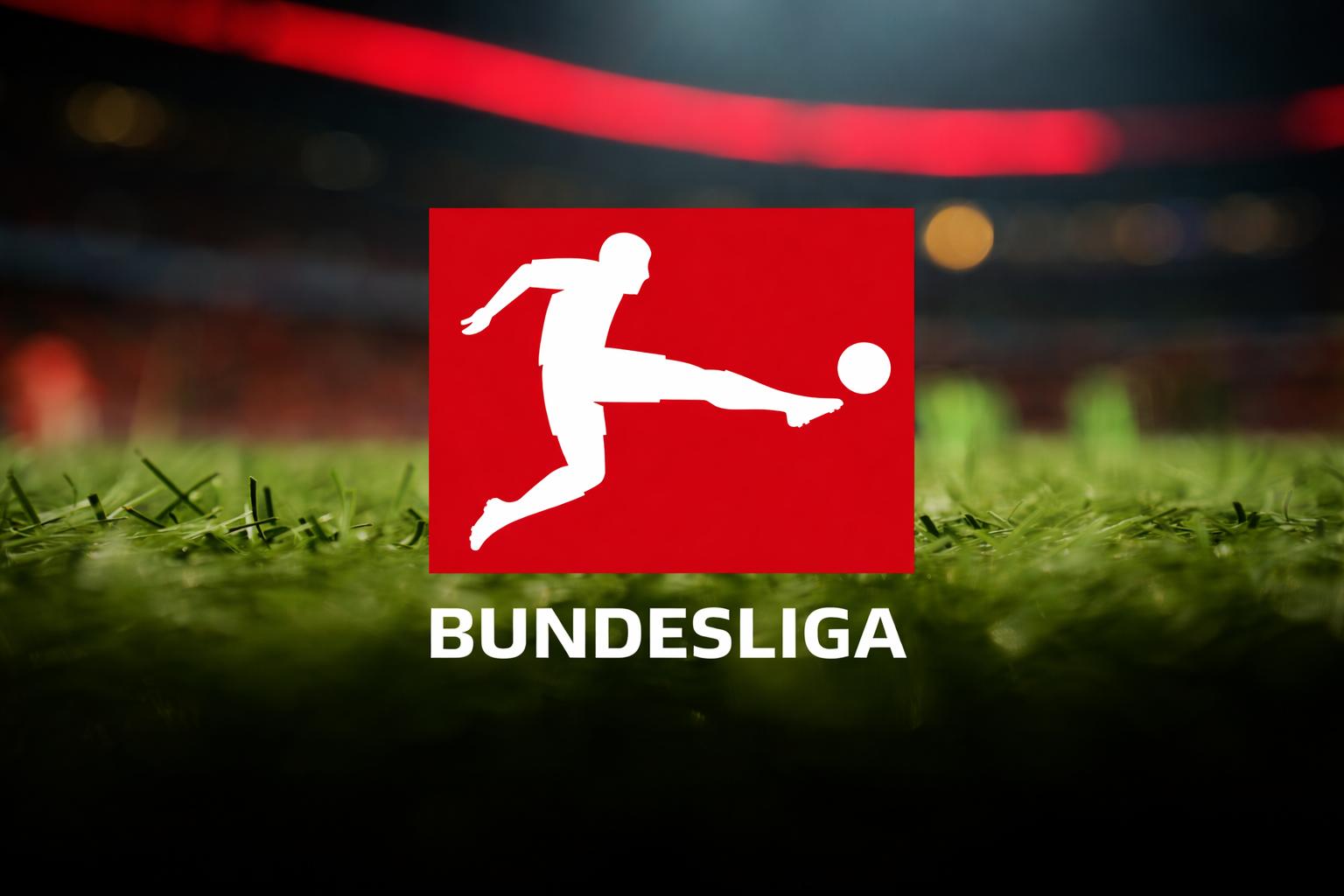 Bundesliga-Logo und Text auf einem Fußballplatz.