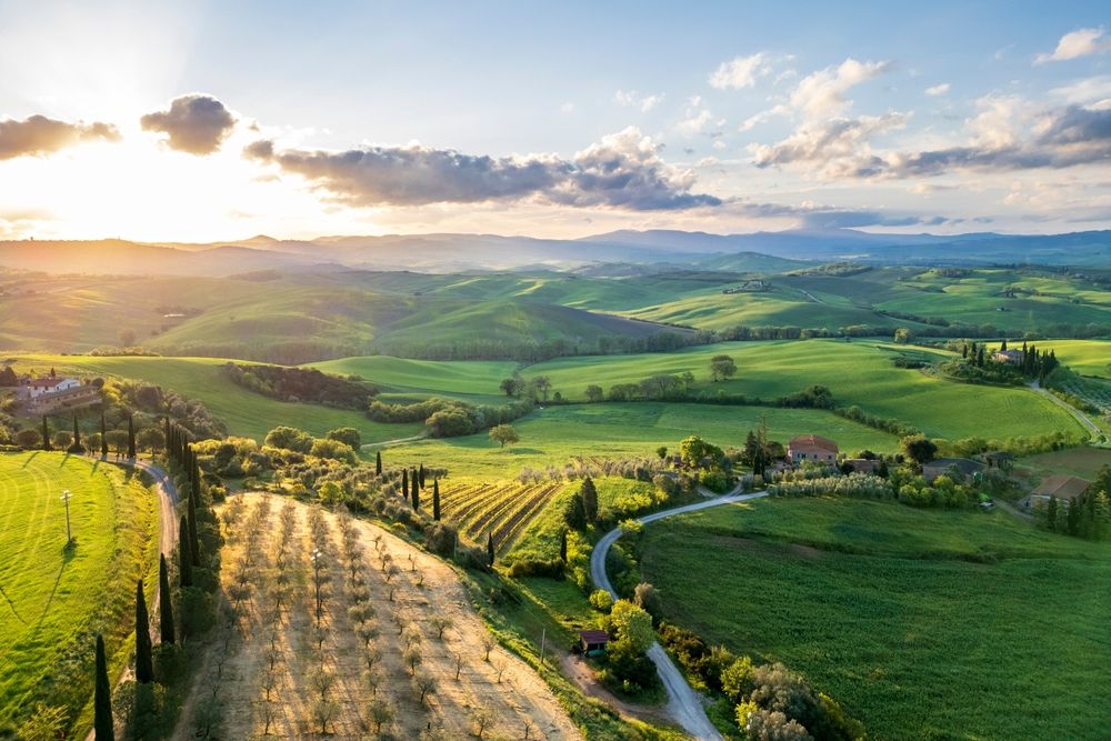 Rullende grønne åser, sypresser og gårdshus badet i gyllent timelys. Toscana, Italia