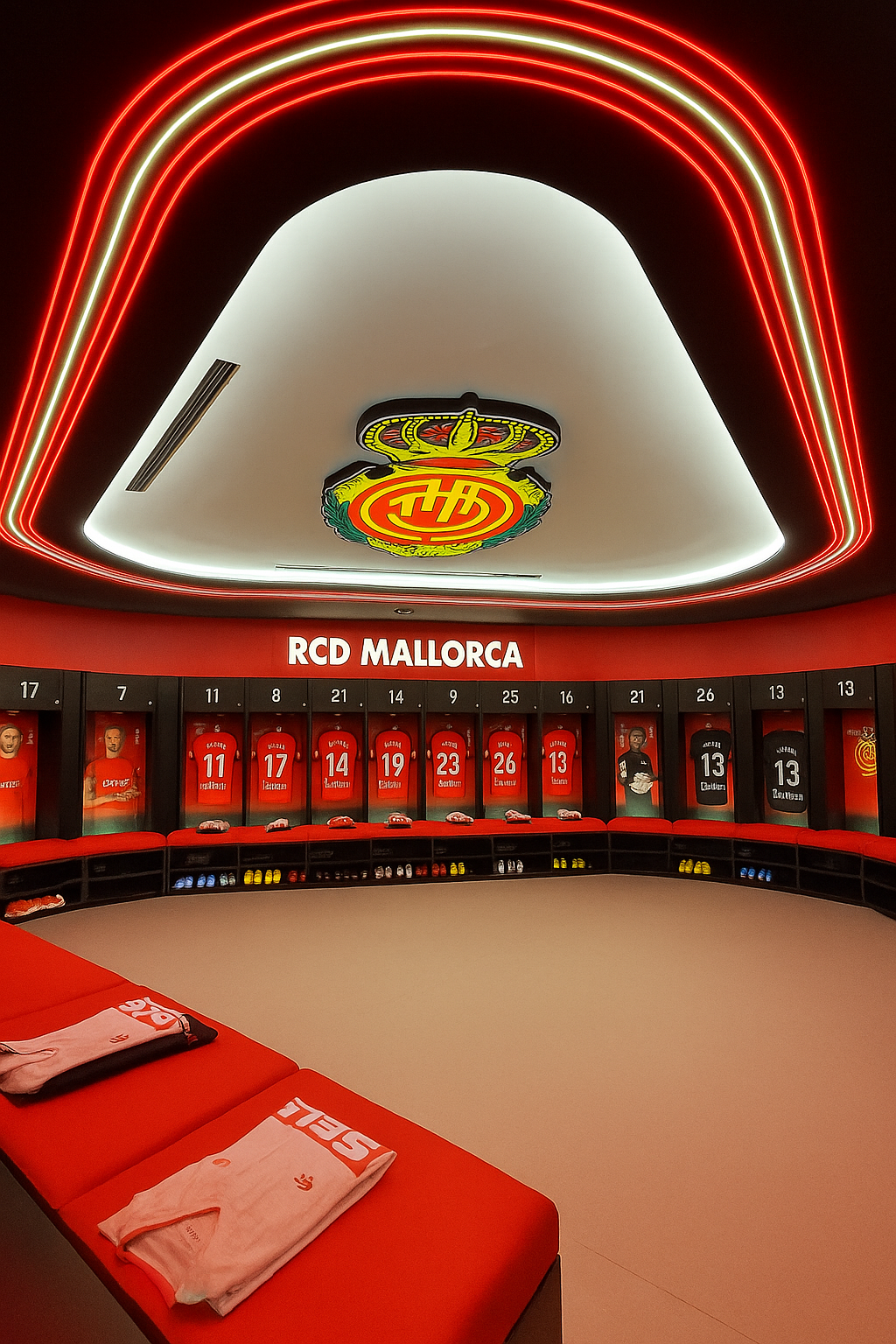 RCD Mallorcas fotbollsomklädningsrum med röda och svarta tröjor, neonljus och en stor klubbemblem.