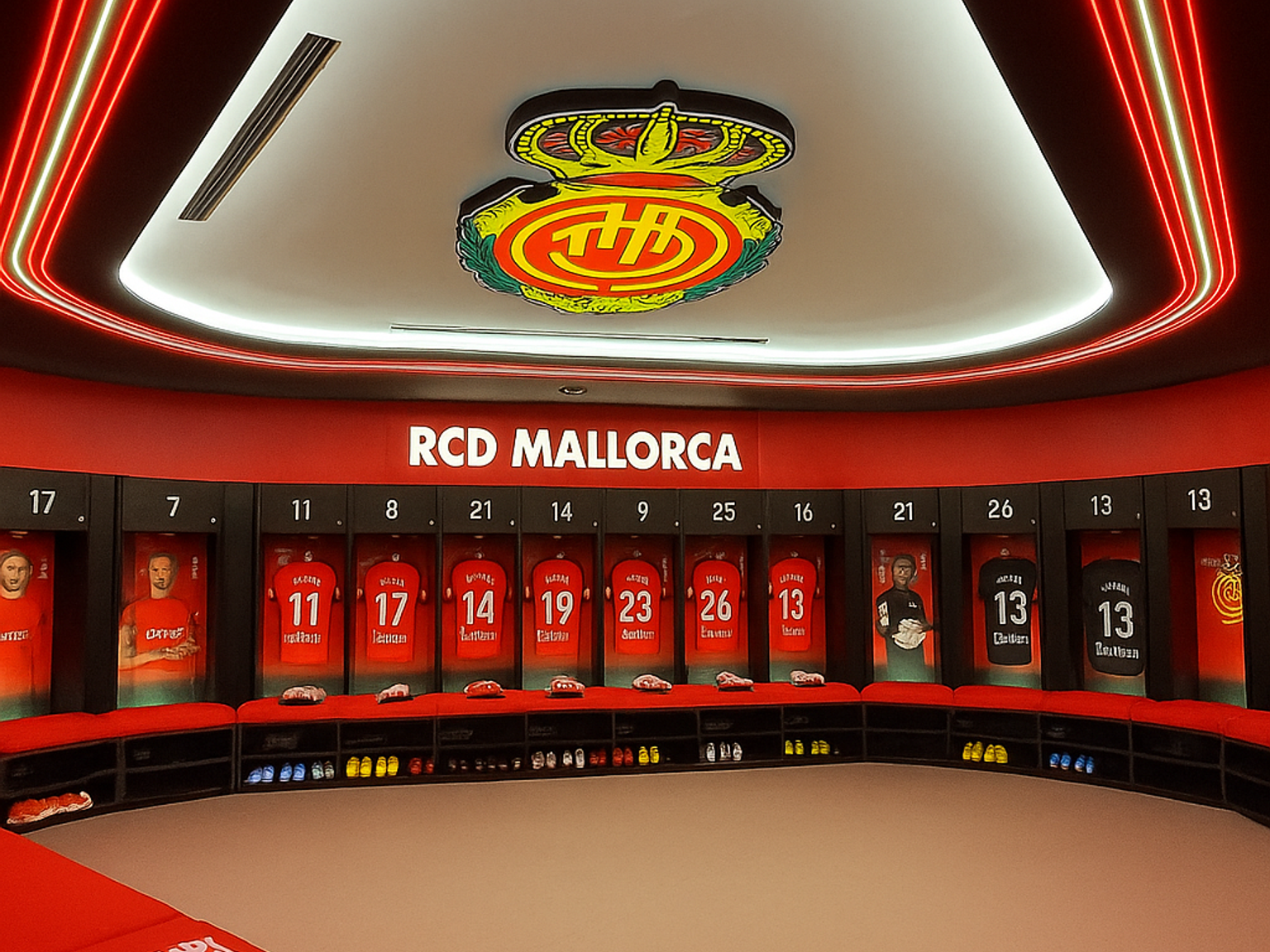 RCD Mallorcas fotbollsomklädningsrum med röda och svarta tröjor, neonljus och en stor klubbemblem.