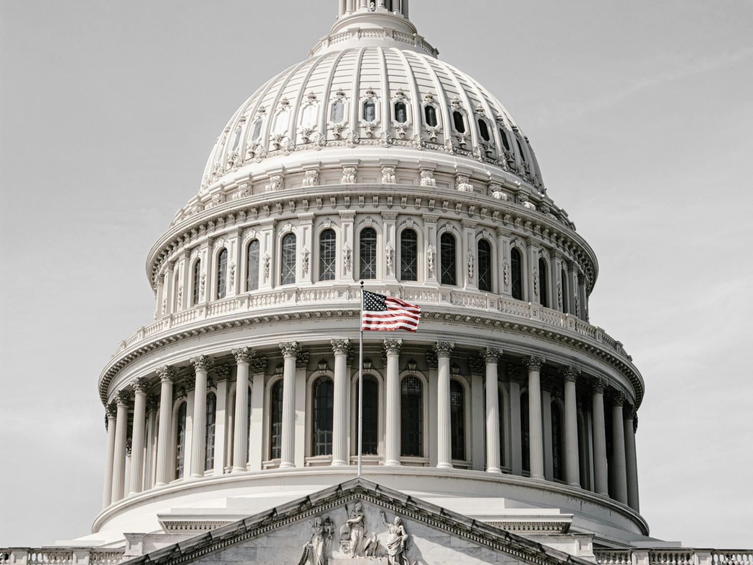 Nærbillede af kuplen på USA's Capitol-bygning i gråtoner med Frihedsstatuen på toppen og et farverigt amerikansk flag vajende nedenunder.