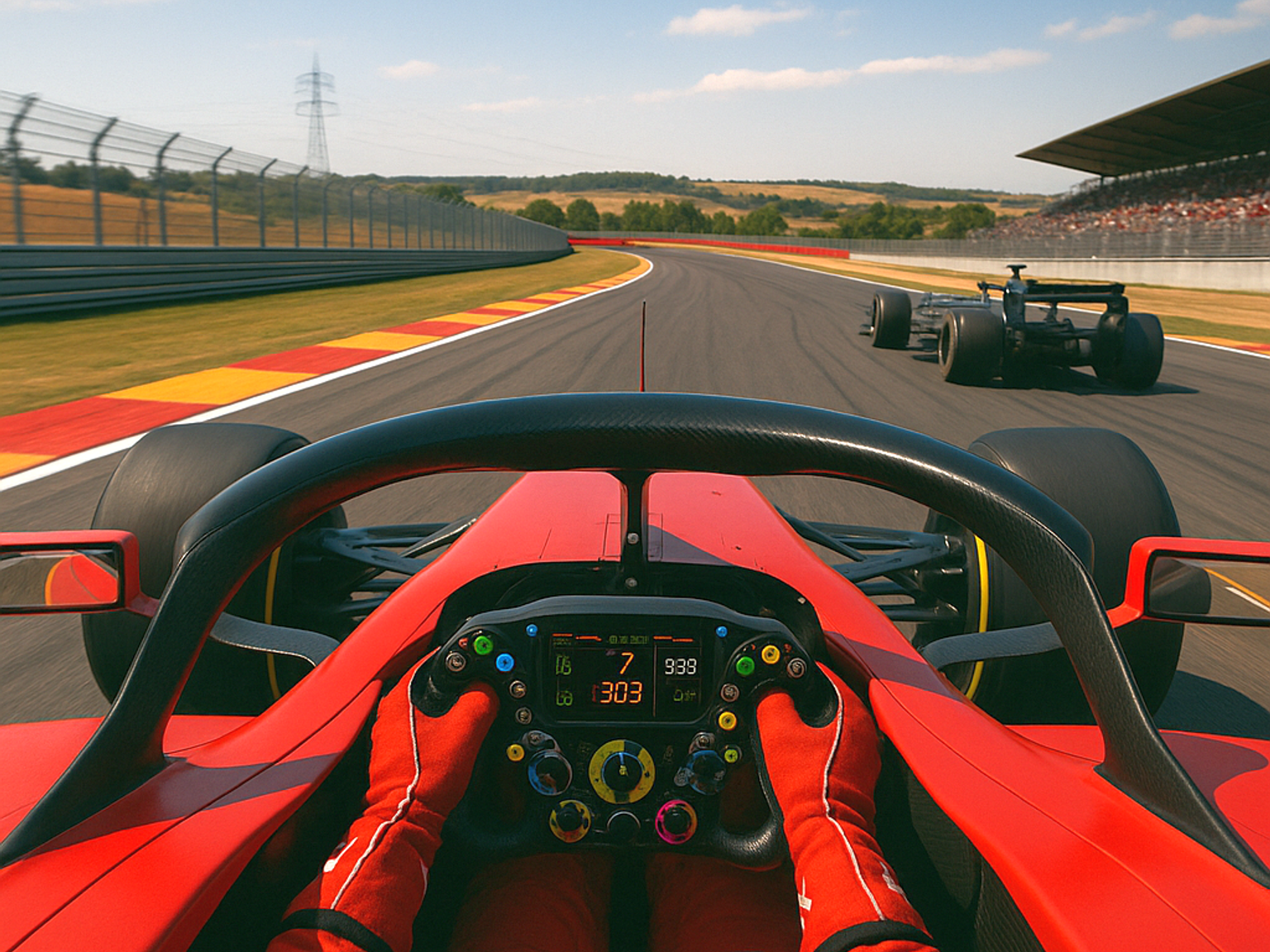 Erstpersonansicht aus einem roten Rennwagen, die die behandschuhten Hände des Fahrers am Lenkrad zeigt, mit anderen Autos auf der Strecke voraus und einer sichtbaren Tribüne.