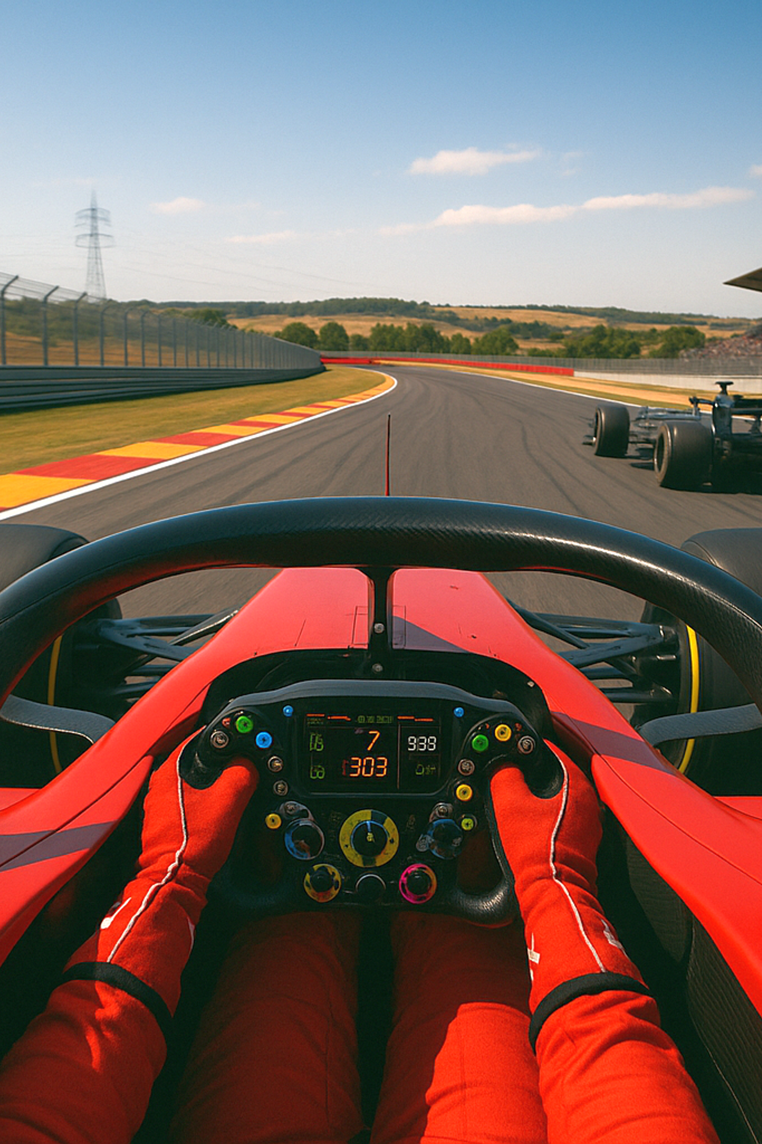 Erstpersonansicht aus einem roten Rennwagen, die die behandschuhten Hände des Fahrers am Lenkrad zeigt, mit anderen Autos auf der Strecke voraus und einer sichtbaren Tribüne.