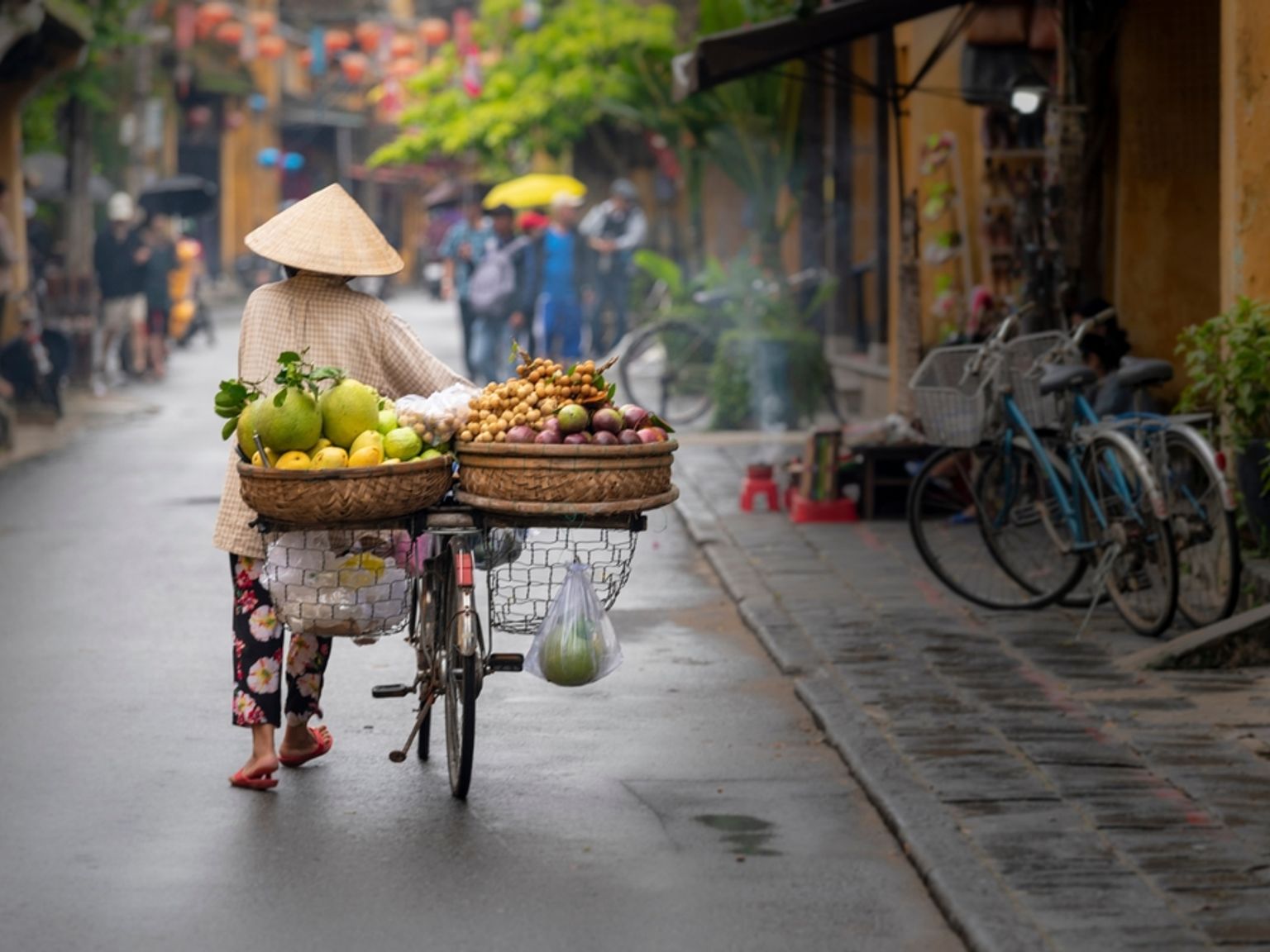 En person i en konisk hat skubber en cykel fyldt med frugt ned ad en våd gade. Hanoi, Vietnam