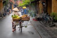 Una persona con un sombrero cónico empuja una bicicleta cargada de fruta por una calle mojada. Hanói, Vietnam