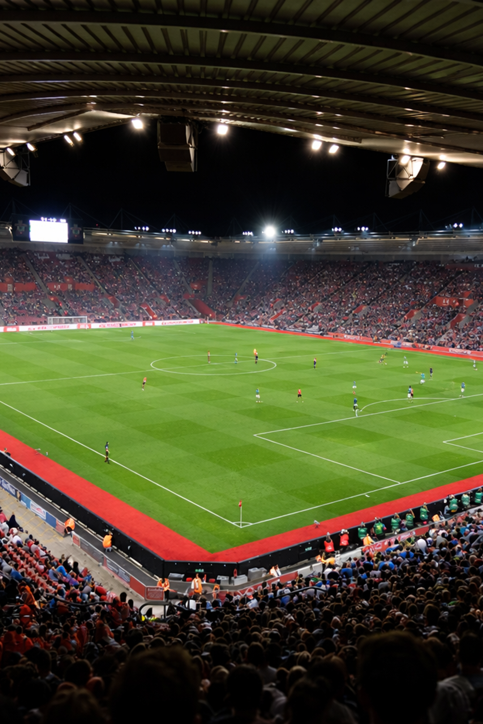 En natudsigt over et fodboldstadion fyldt med tilskuere, der ser en kamp på en stærkt oplyst grøn bane.