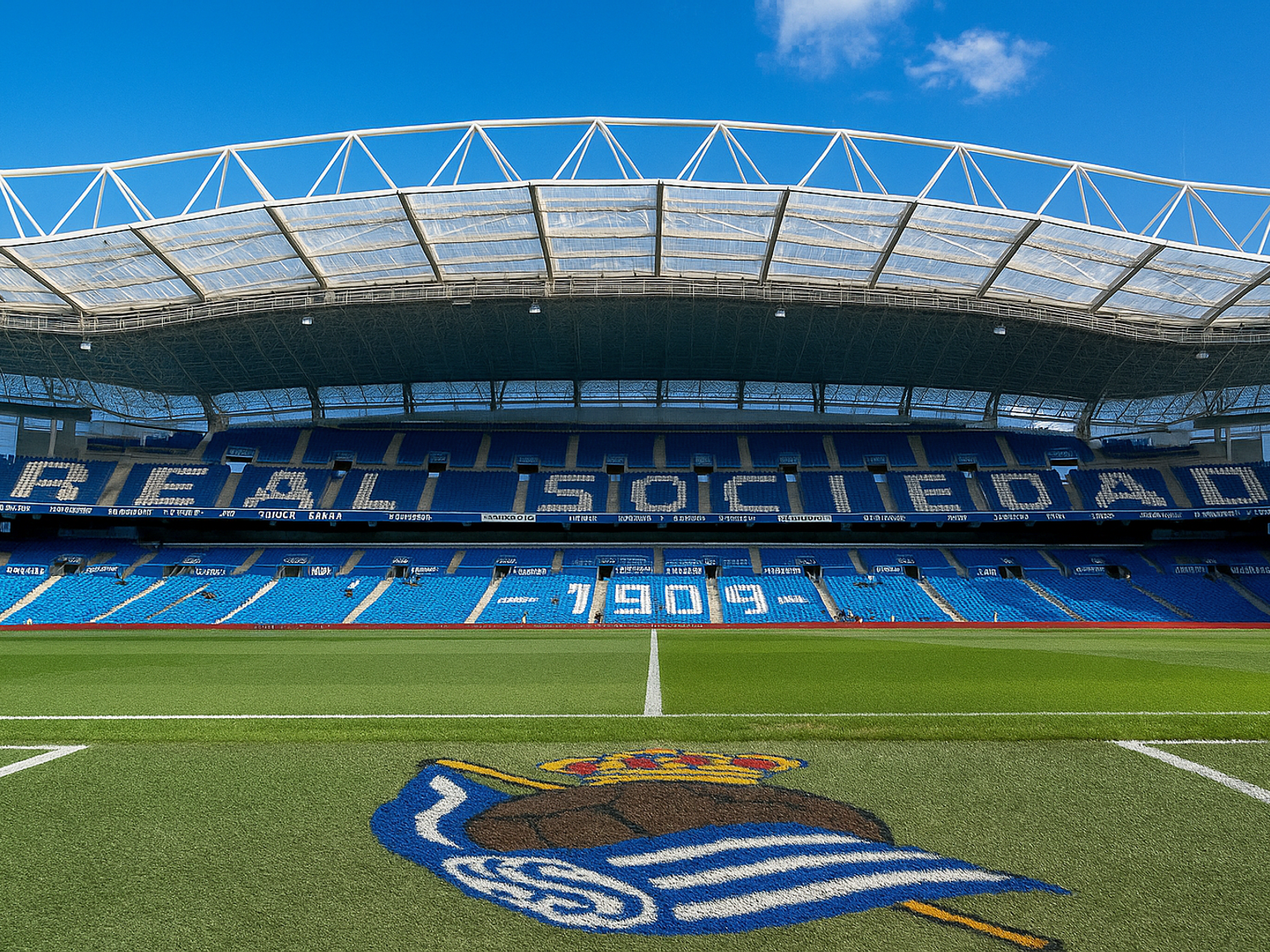 Empty football stadium with "REAL SOCIEDAD" and "1909" spelled in blue seats, and a team crest on the green field.