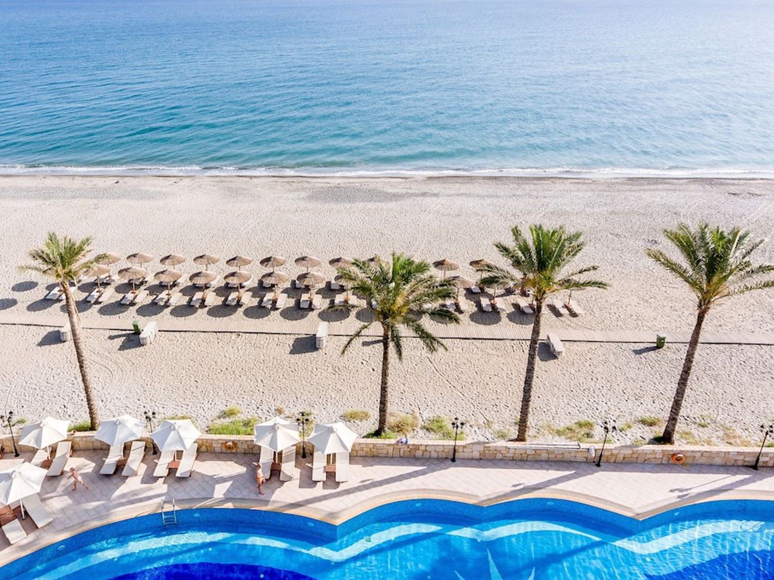 en flygvy av en strand med palmer och en swimmingpool