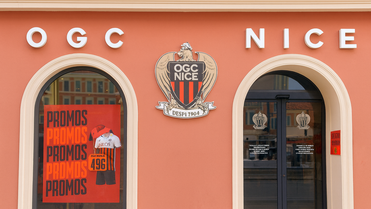 Coral-colored OGC Nice store facade with the team crest, a display window showing "PROMOS" and a jersey, and an arched entrance.
