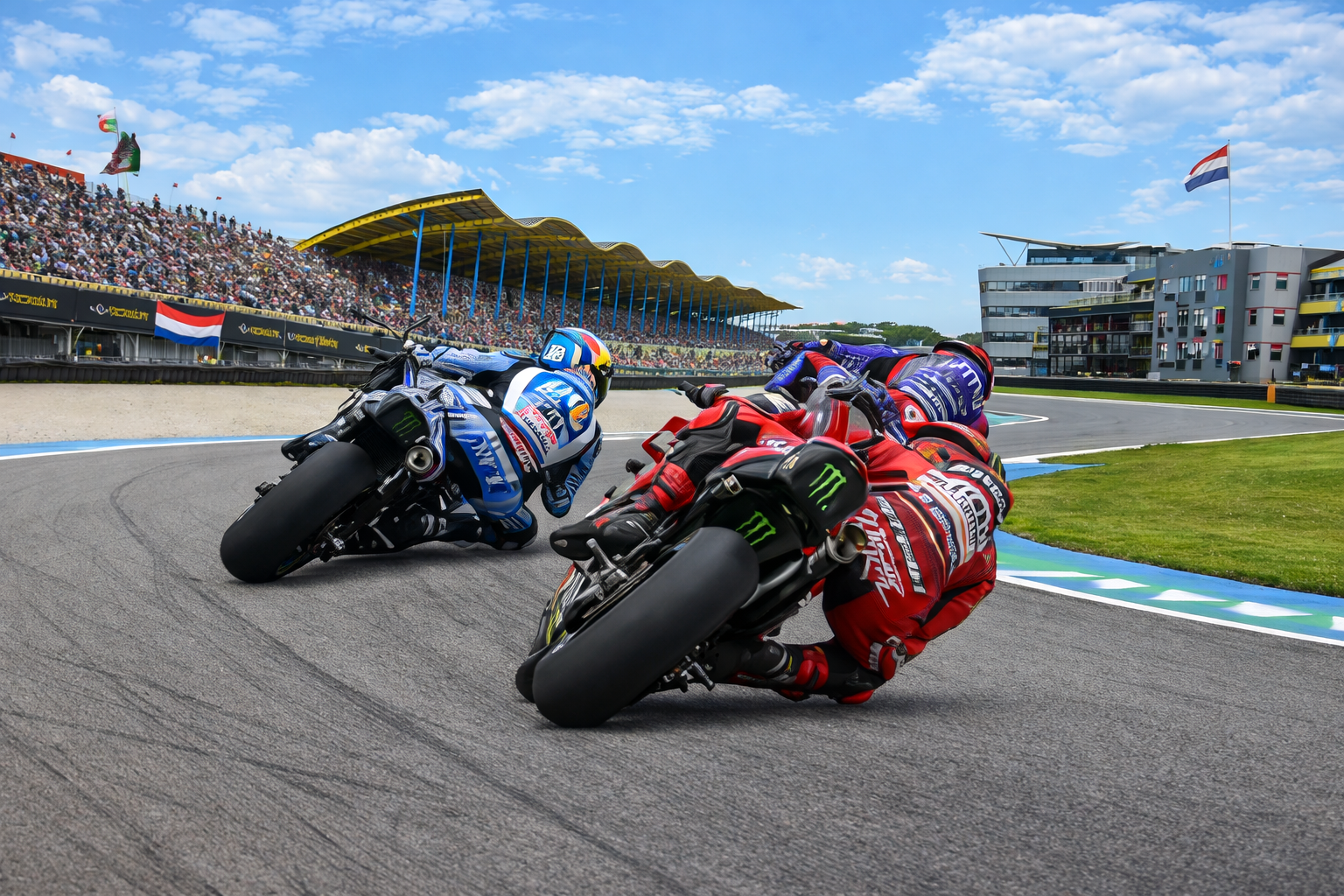 Kaksi moottoripyöräkilpailijaa sinisissä ja punaisissa ajopuvuissa kallistuu mutkaan radalla, taustalla täysi katsomo ja Alankomaiden lippu.