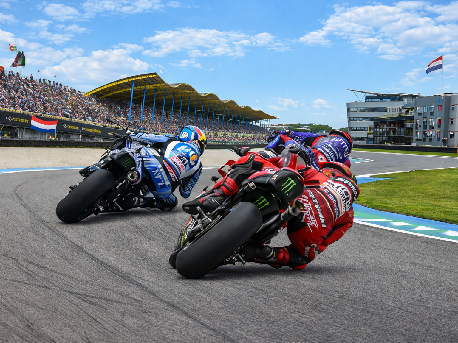 Kaksi moottoripyöräkilpailijaa sinisissä ja punaisissa ajopuvuissa kallistuu mutkaan radalla, taustalla täysi katsomo ja Alankomaiden lippu.