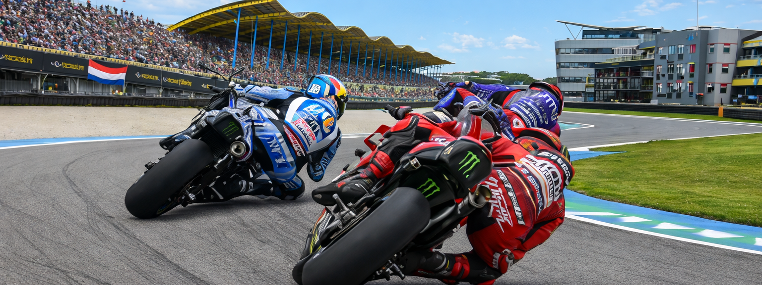 Kaksi moottoripyöräkilpailijaa sinisissä ja punaisissa ajopuvuissa kallistuu mutkaan radalla, taustalla täysi katsomo ja Alankomaiden lippu.