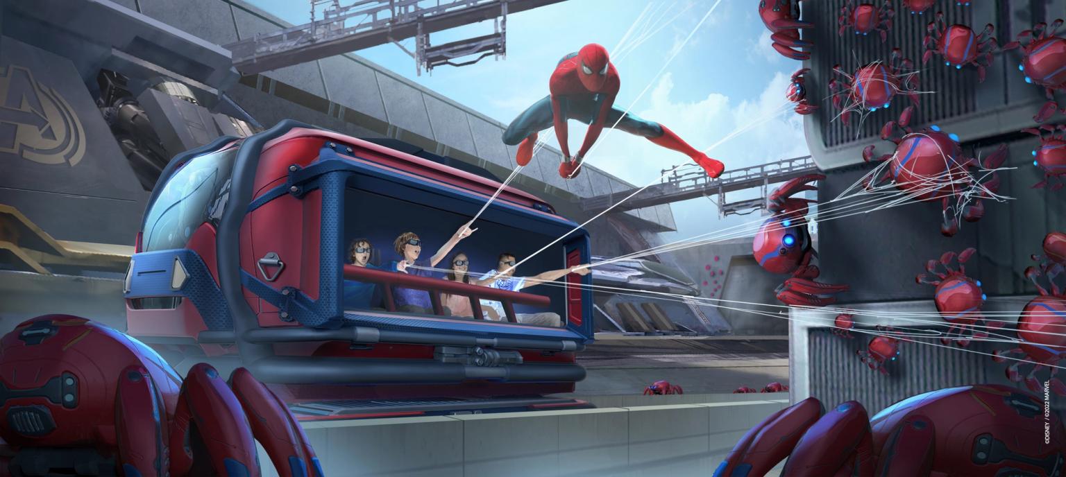 en grupp människor åker berg-och dalbana medan spider-man flyger genom luften