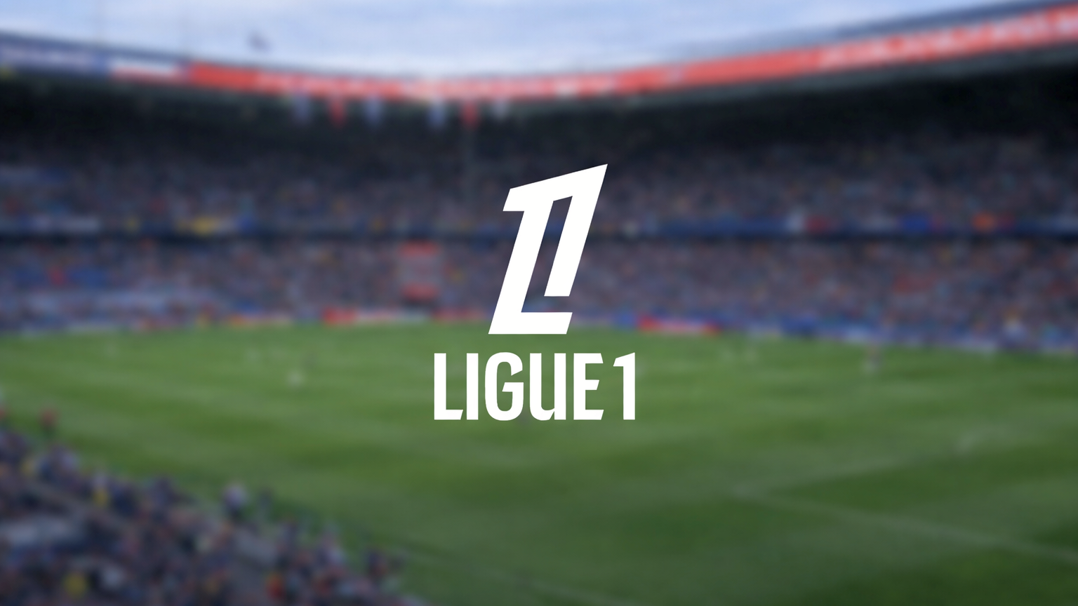 Ligue 1 logo over a blurred soccer stadium with fans.