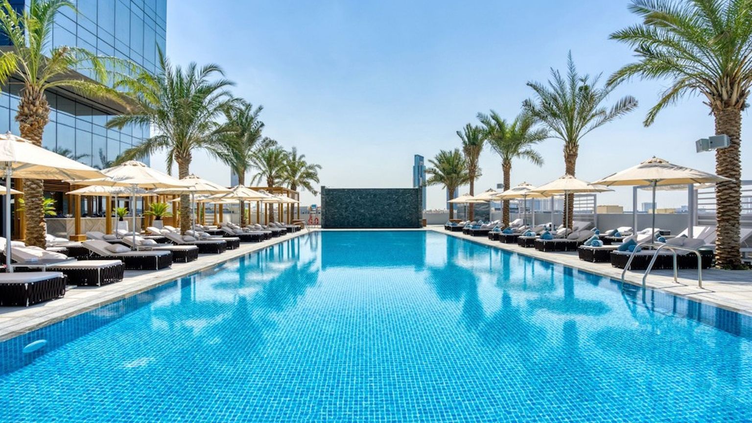 Lang utendørs svømmebasseng flankert av solsenger, parasoller og palmer.