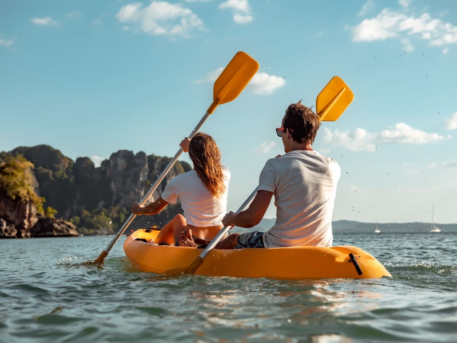 en mann og en kvinne padler en gul kajakk i havet, Krabi, Thailand