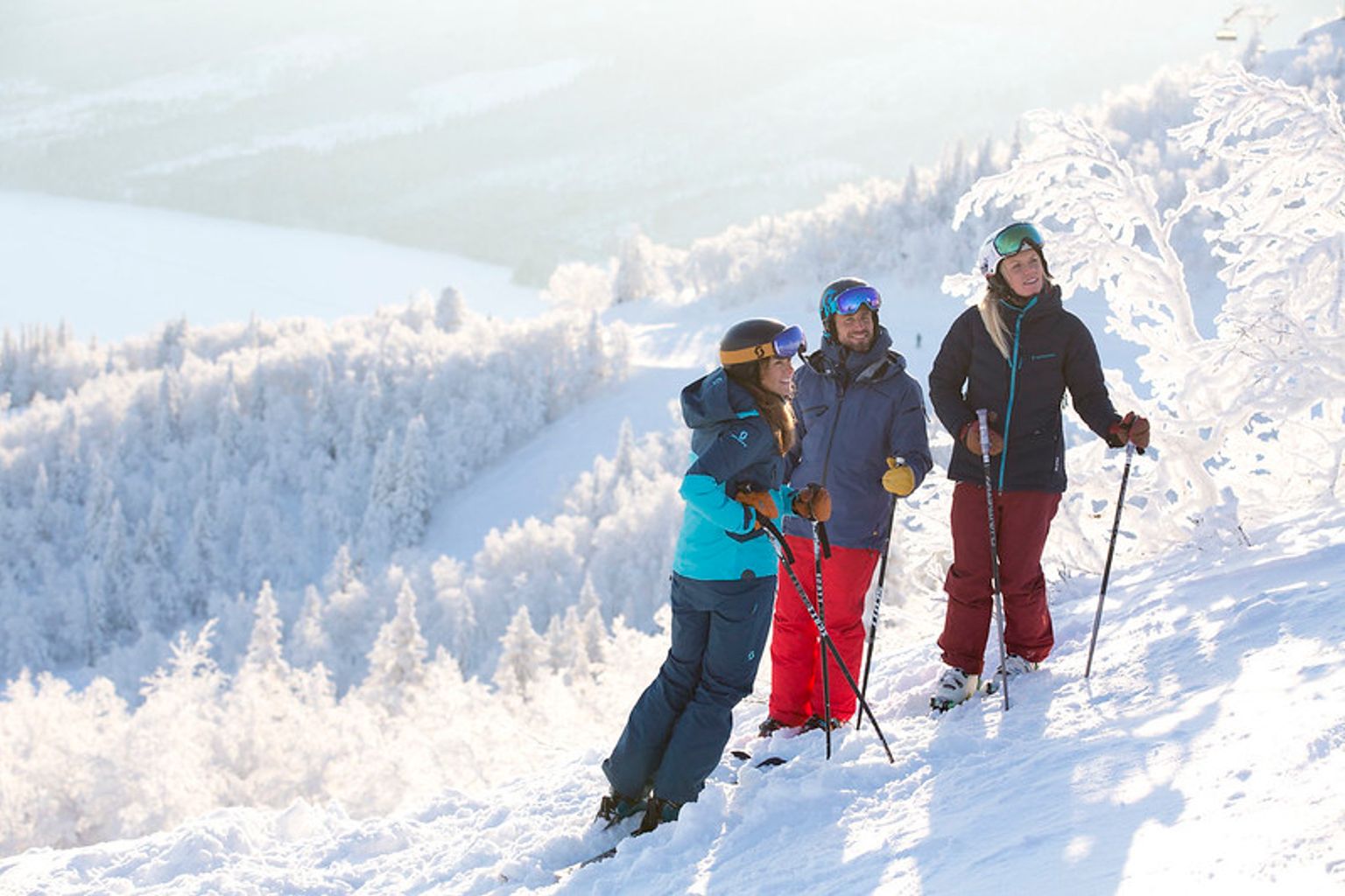 tre personer står på toppen av et snødekt fjell.