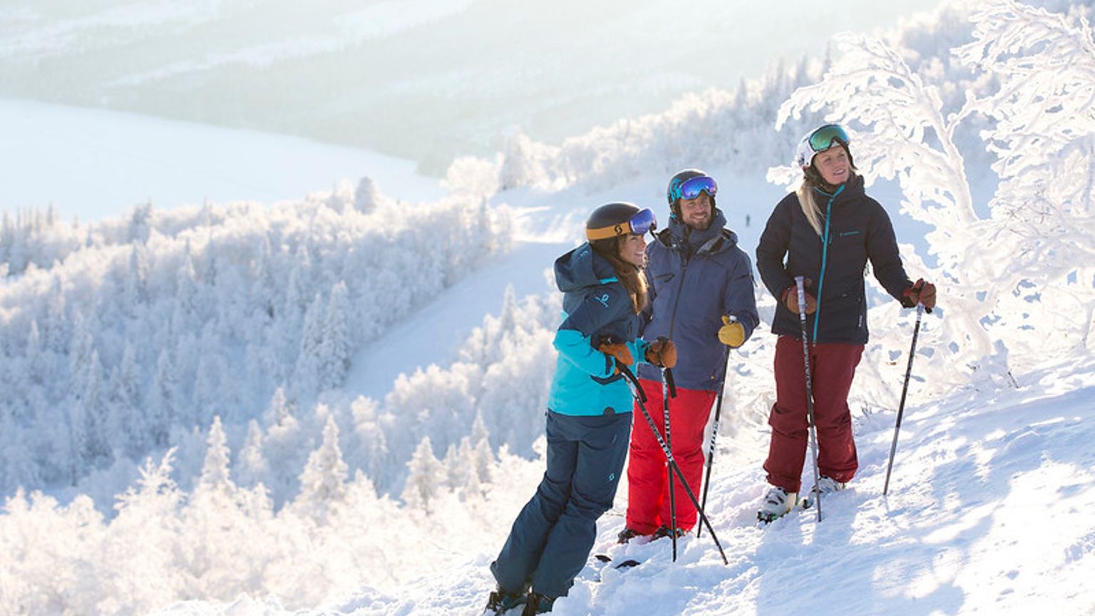 tre personer står på toppen av et snødekt fjell.