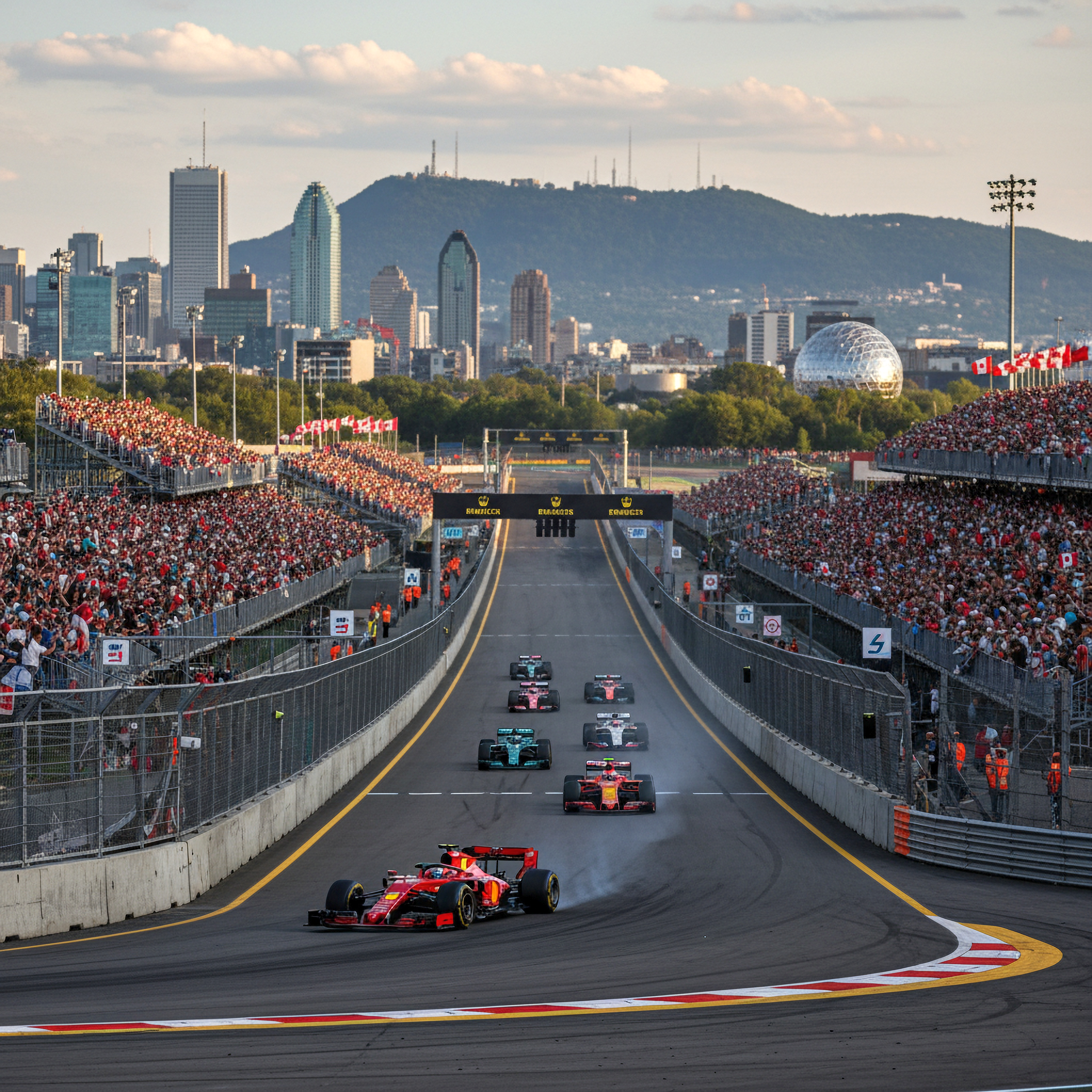 Czerwony bolid Formuły 1 prowadzi przed innymi na torze wyścigowym otoczonym zatłoczonymi trybunami, z panoramą Montrealu w tle.