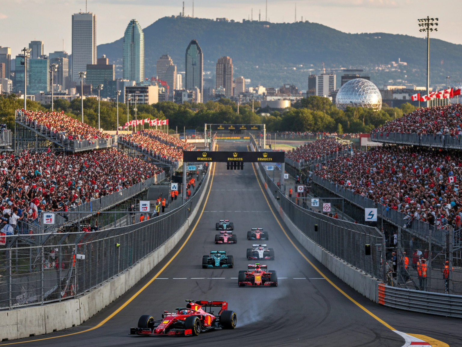 Czerwony bolid Formuły 1 prowadzi przed innymi na torze wyścigowym otoczonym zatłoczonymi trybunami, z panoramą Montrealu w tle.