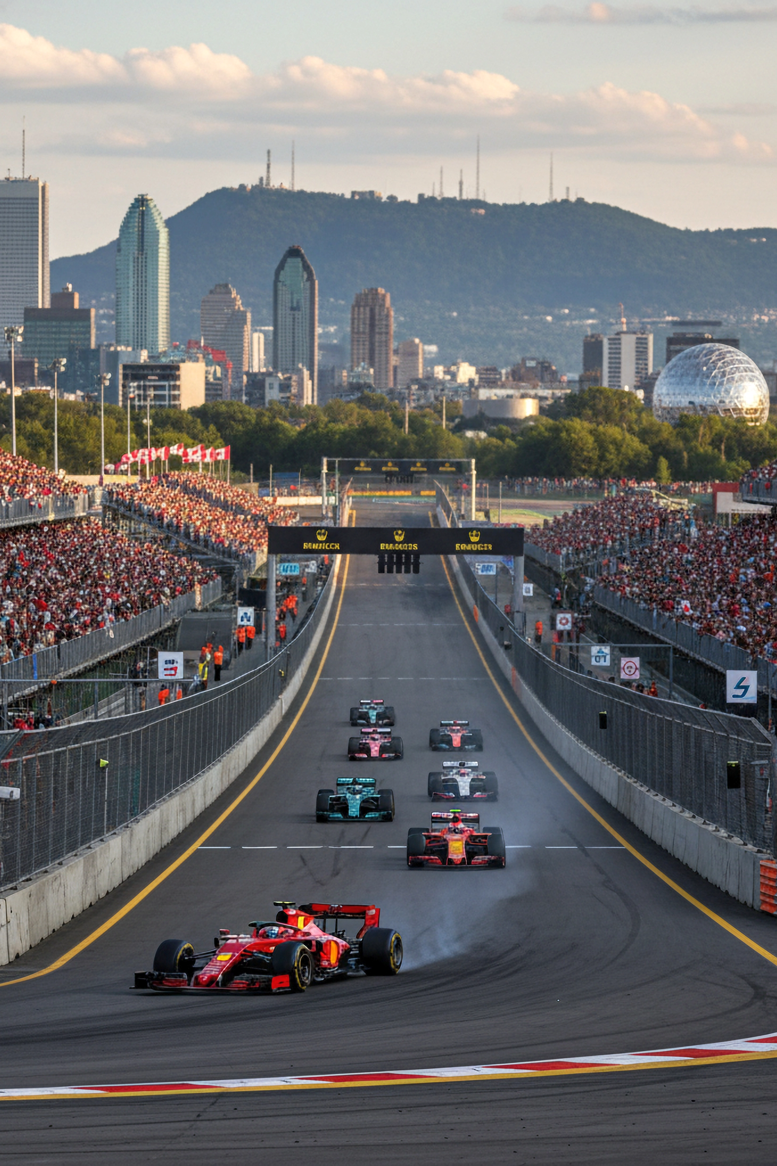 Czerwony bolid Formuły 1 prowadzi przed innymi na torze wyścigowym otoczonym zatłoczonymi trybunami, z panoramą Montrealu w tle.