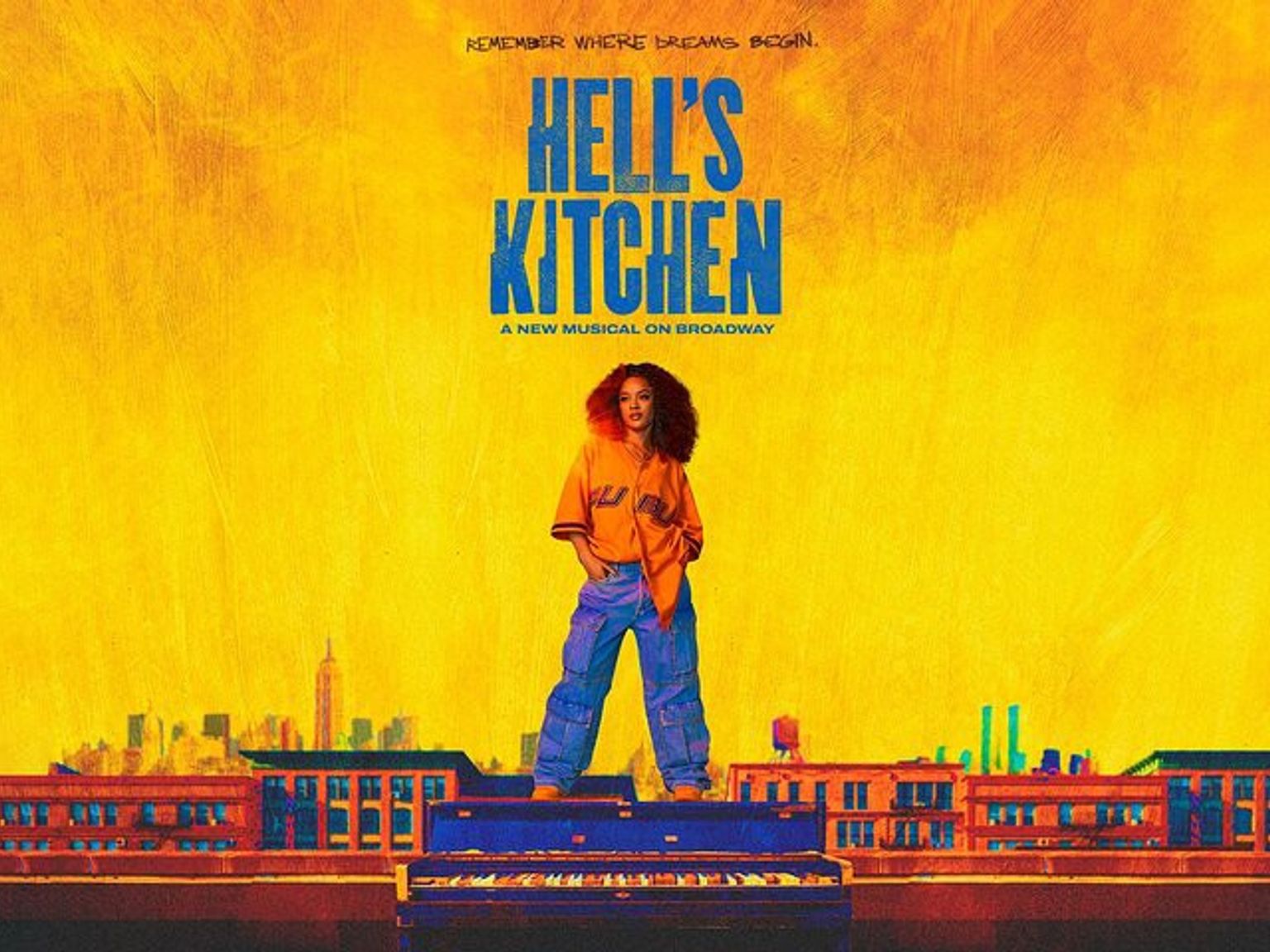 Blick auf Hell's Kitchen, ein lebhaftes Viertel in New York City mit hohen Gebäuden, Restaurants und einer städtischen Landschaft.