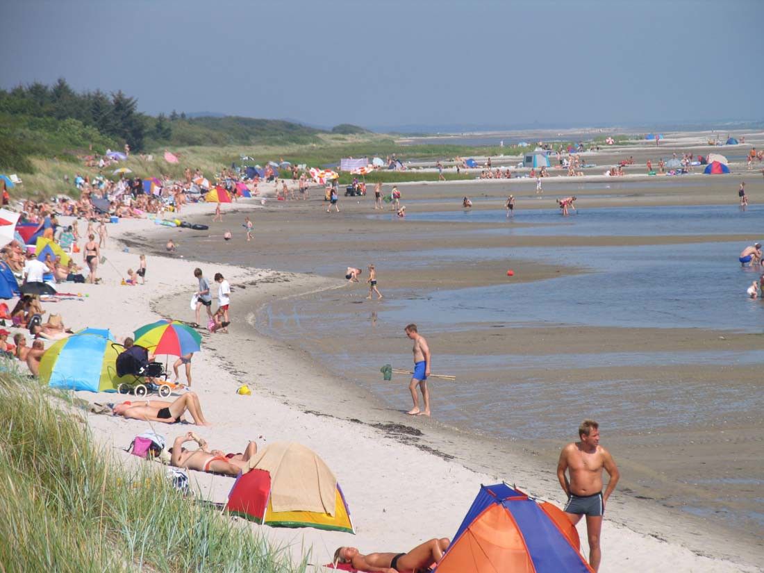 En bred, fyldt sandstrand med mennesker, der solbader, leger i lave tidevandspøle og farverige telte.