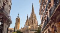 det er en stor katedral midt i Barcelona omgitt av bygninger