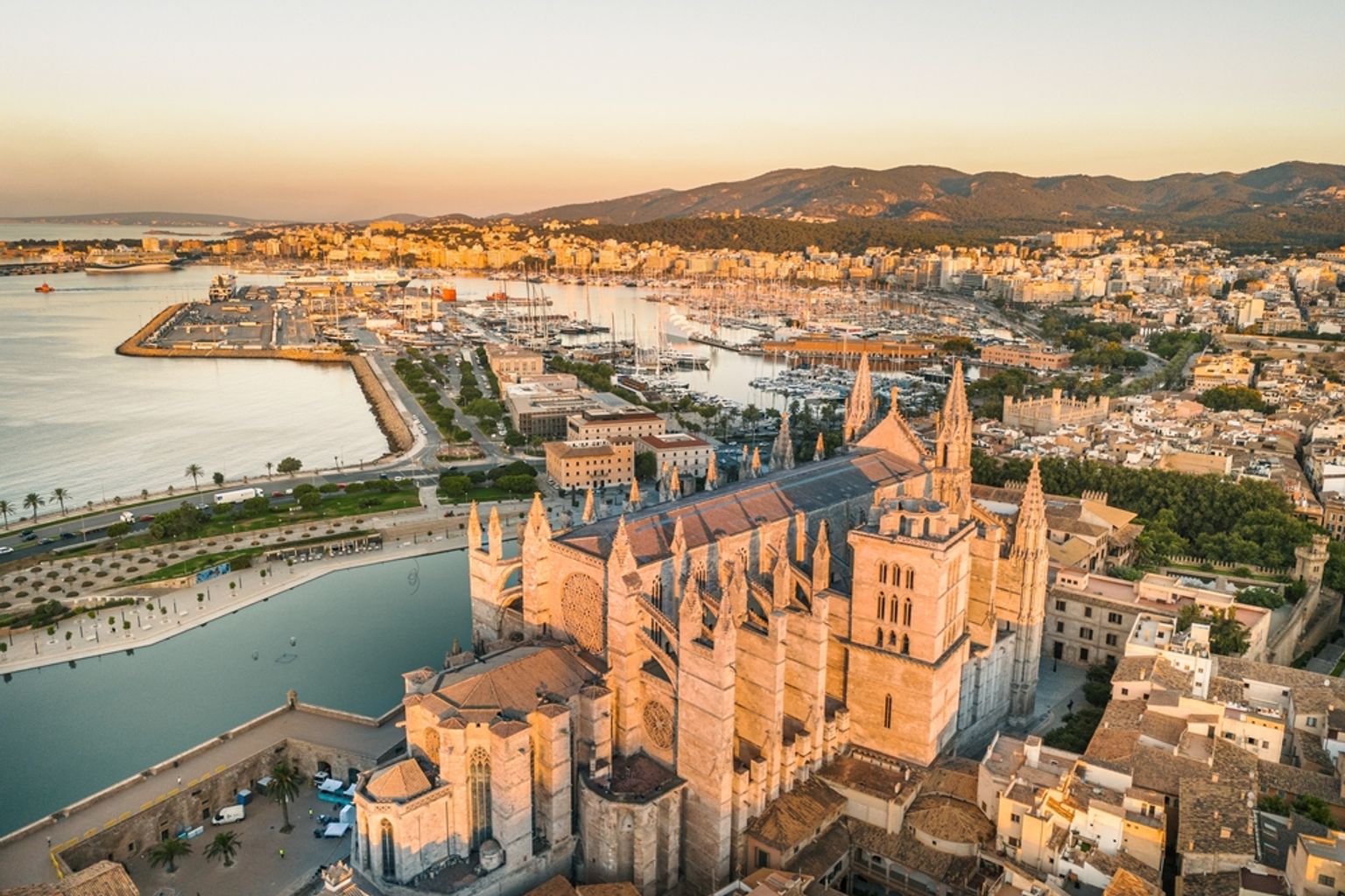 Aerial view of a grand gothic cathedral at golden hour, overlooking a city harbor. Palma de Mallorca, Spain