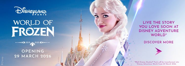Disneyland Paris 'World of Frozen'-banner med Elsa, et ispalads og åbning den 29. marts 2026 i Disney Adventure World.