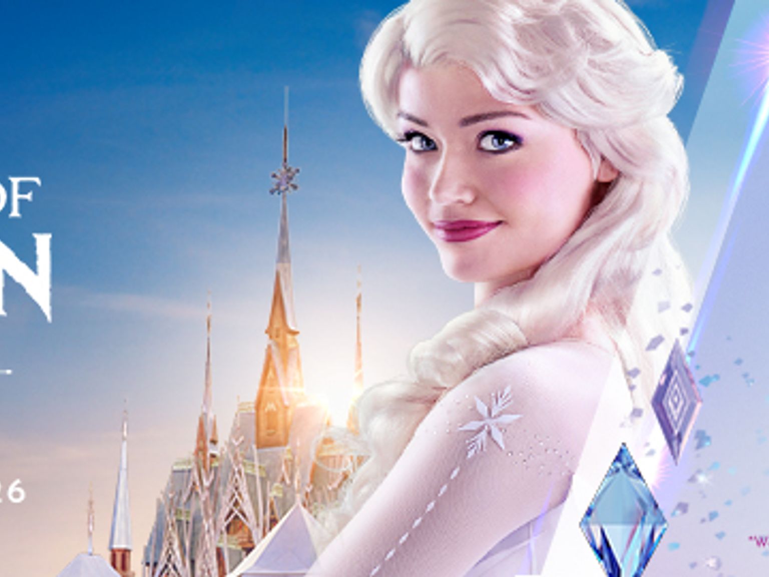 Disneyland Paris 'World of Frozen'-banner med Elsa, et ispalass og åpning 29. mars 2026 på Disney Adventure World.