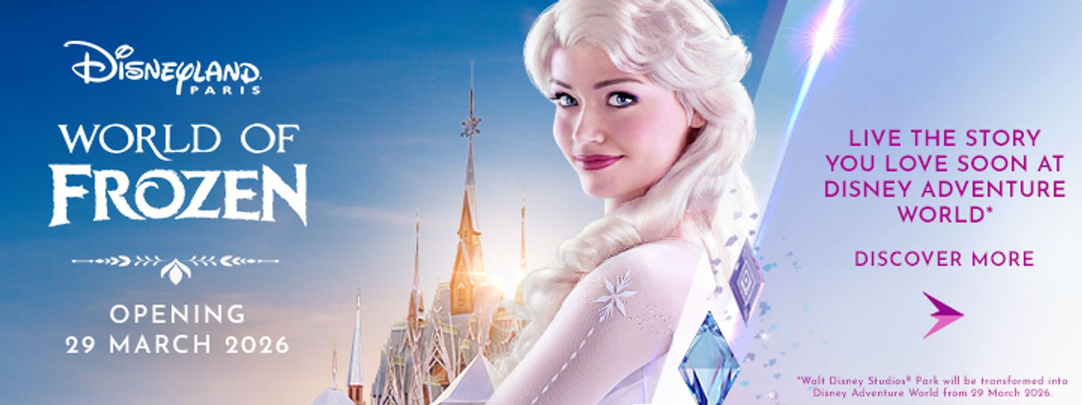 Disneyland Paris 'World of Frozen'-banner med Elsa, et ispalass og åpning 29. mars 2026 på Disney Adventure World.