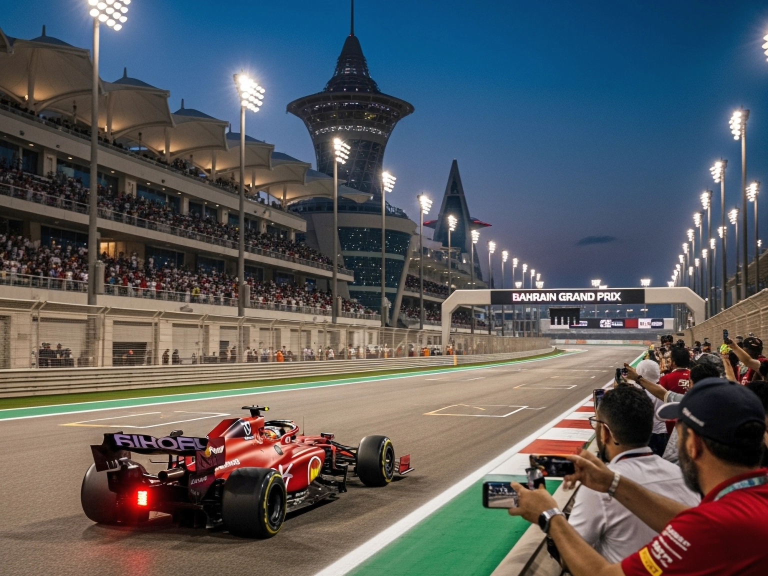 Punainen Formula 1 -auto, jonka takavalo hehkuu, ajaa valaistulla radalla yöllä Bahrainin Grand Prix -kilpailun aikana, katsomot täynnä yleisöä ja taustalla moderni torni.
