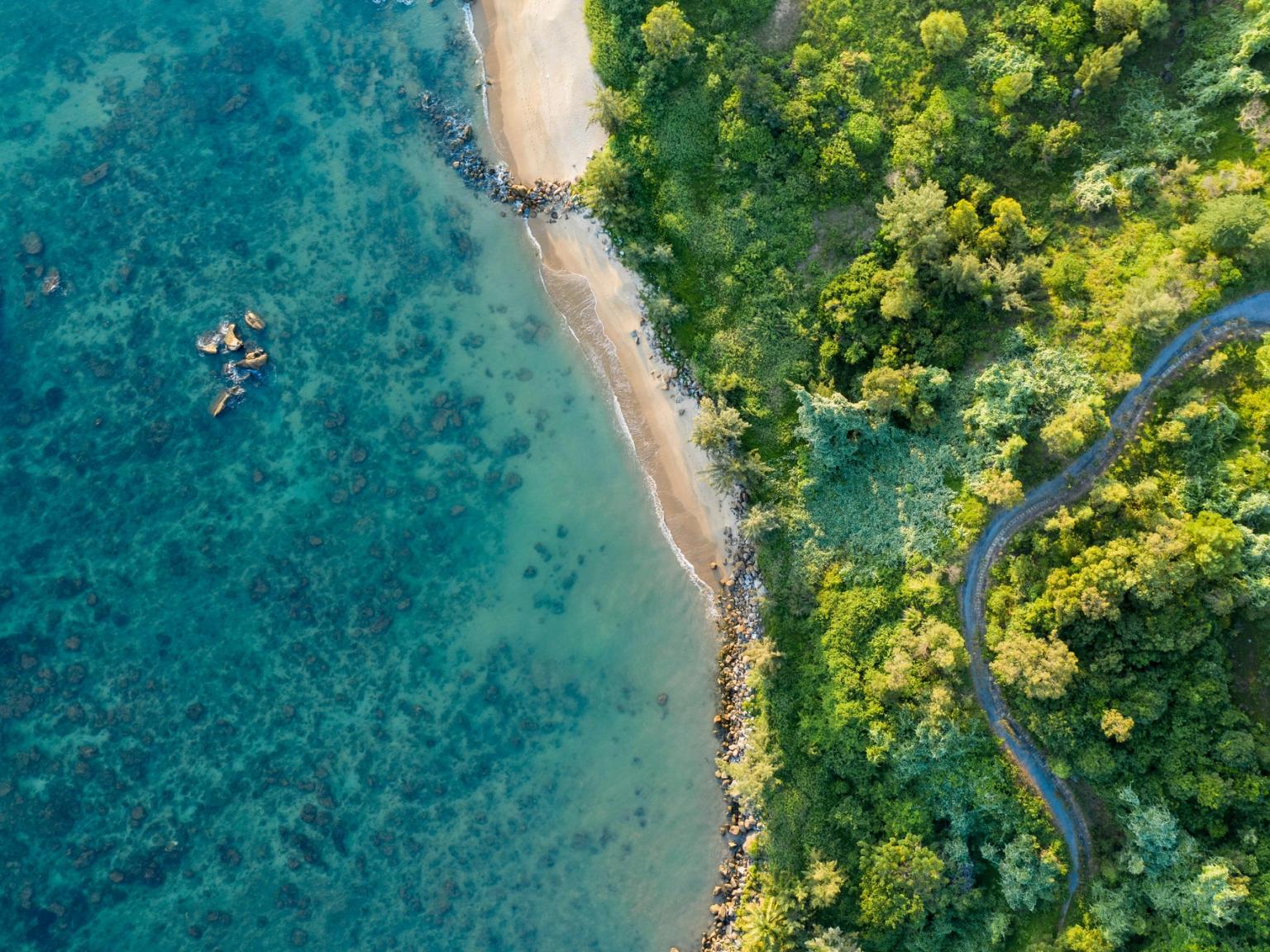 Luftfoto af et klart blågrønt hav ved siden af en sandstrand, frodig grøn skov og en snoet vej. Da Nang - Vietnam