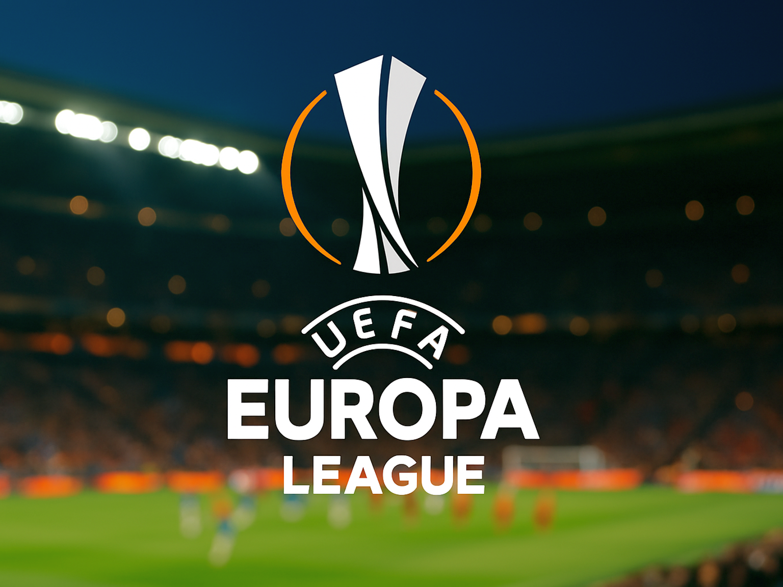UEFA Europa League logo over a blurred football stadium at night.