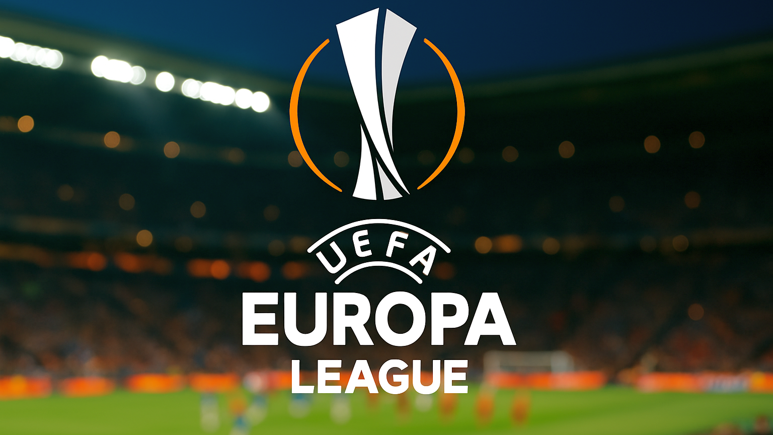 UEFA Europa League logo over a blurred football stadium at night.