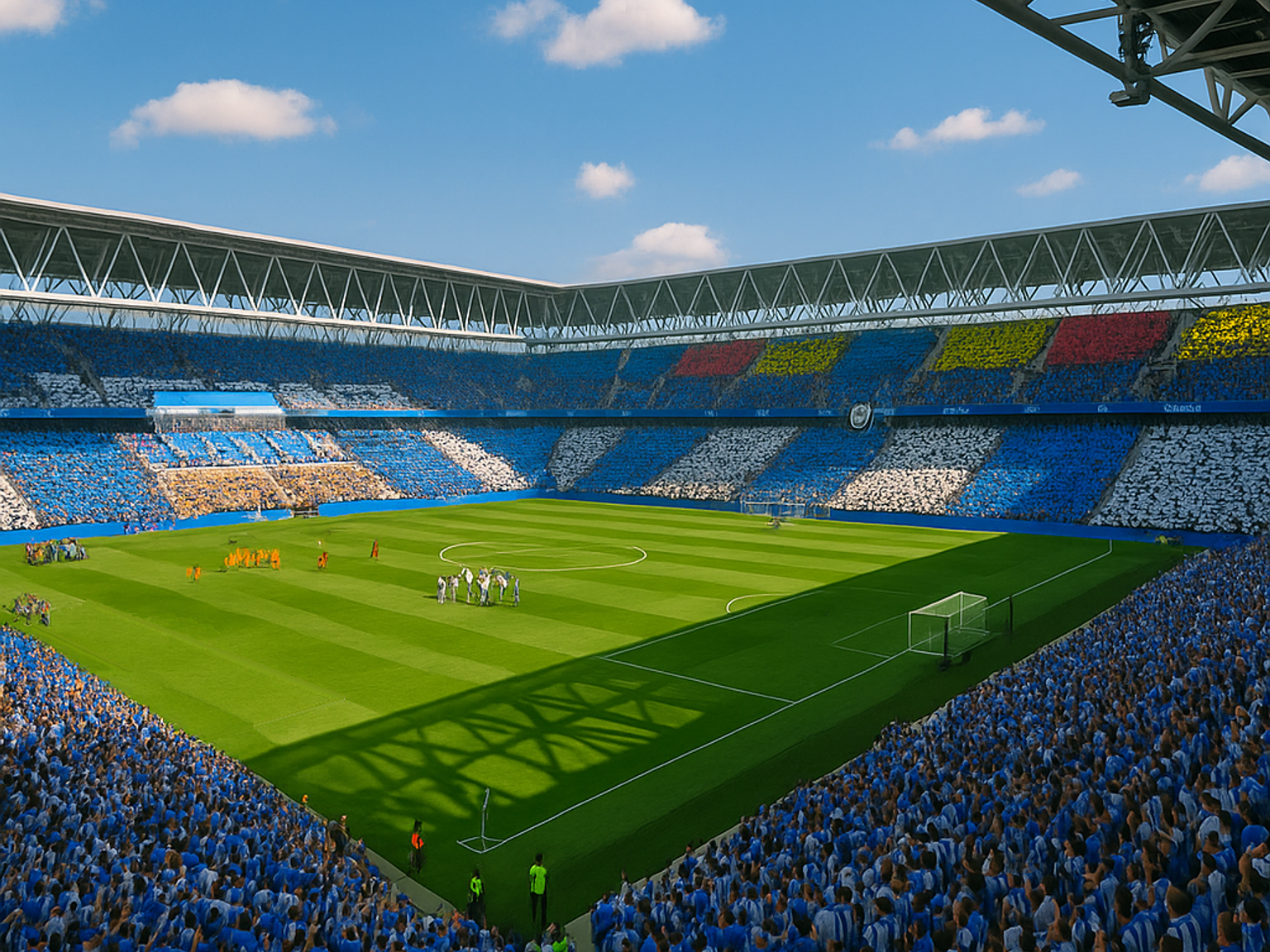 Un stade de football bondé avec des fans en bleu et blanc, l'un tenant une écharpe "ESPANYOL", et des équipes sur le terrain.