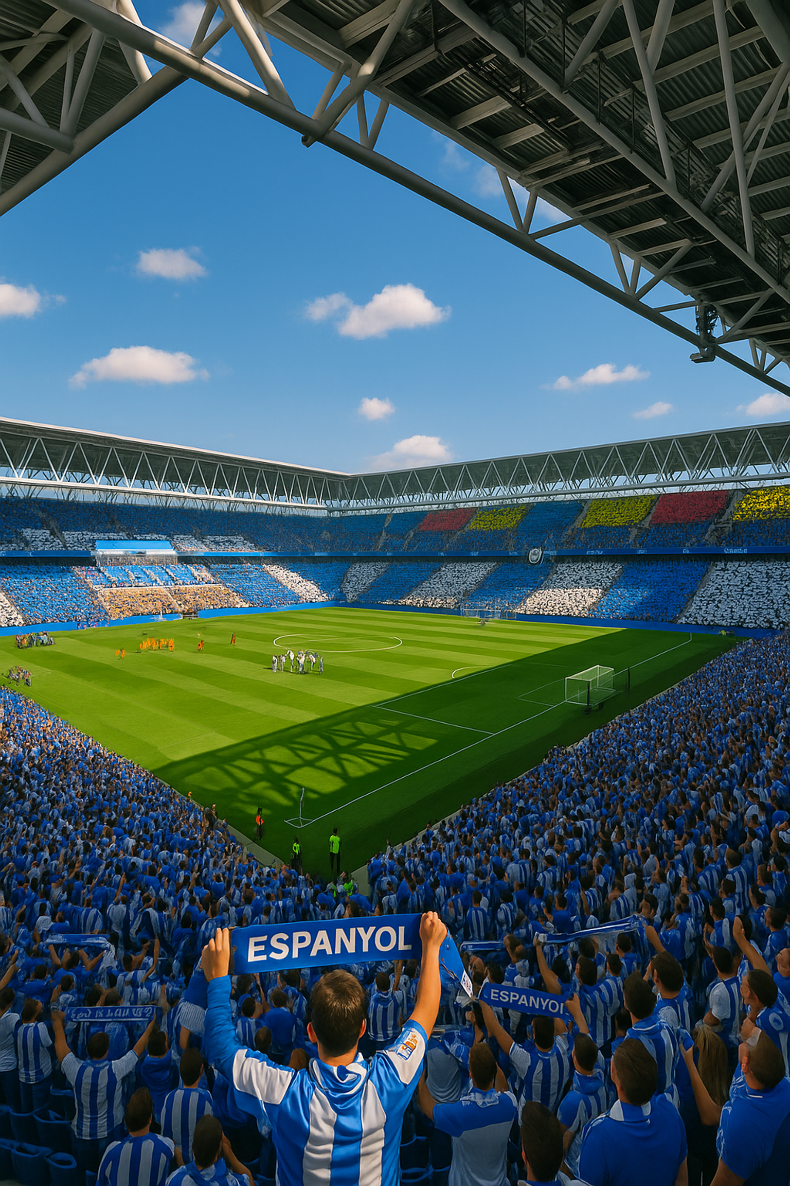 Un stade de football bondé avec des fans en bleu et blanc, l'un tenant une écharpe "ESPANYOL", et des équipes sur le terrain.