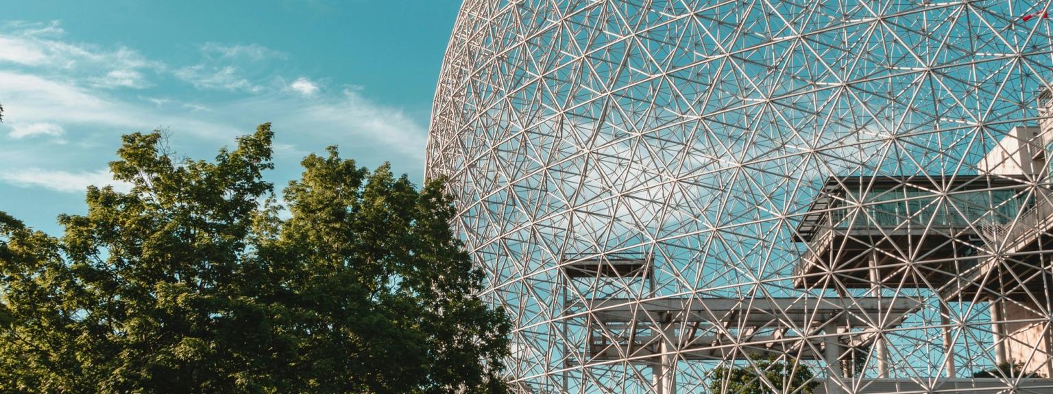 en stor kupol med ett träd framför det speglas i vattnet