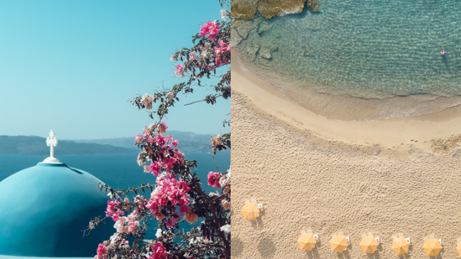 En delad bild som visar en vit byggnad med en blå kupol och rosa bougainvillea på ena sidan, och en flygbild av en sandstrand med gula parasoller och klart vatten på den andra.