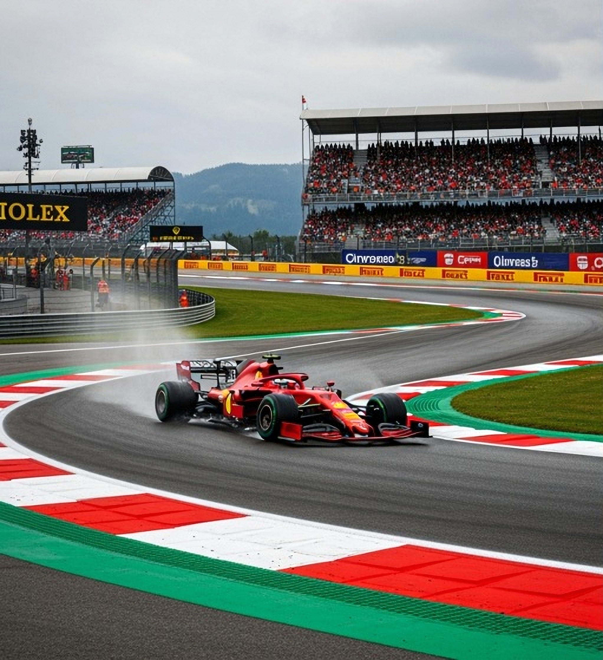 Czerwony bolid Formuły 1 z dużą prędkością pokonuje mokry zakręt, rozpryskując wodę, a trybuny są wypełnione widzami.