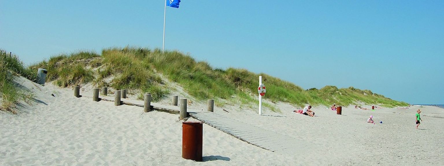 et blått flagg flyr over en sandstrand
