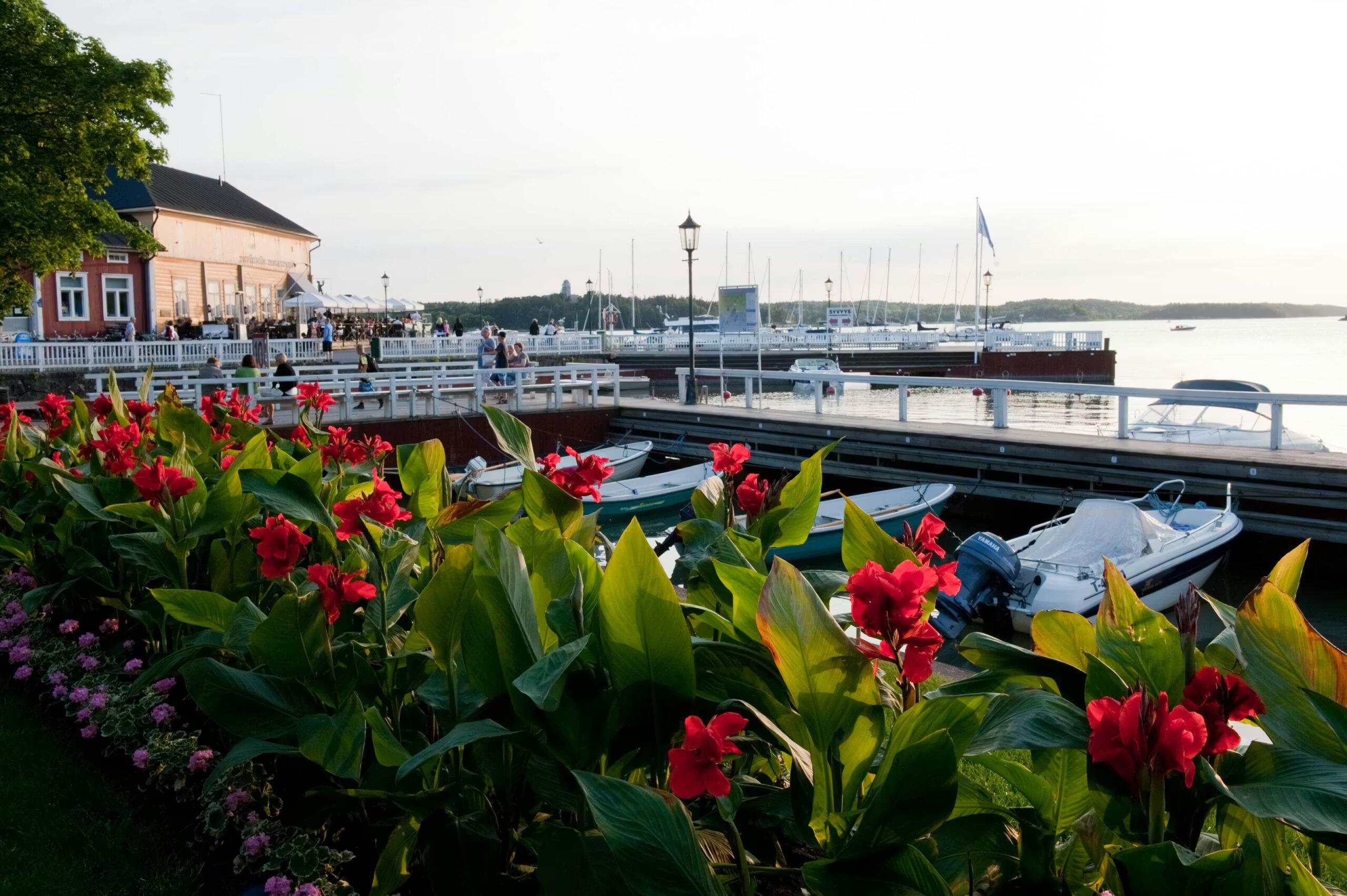 Red flowers in the foreground of a sunny marina with boats and people by a building.