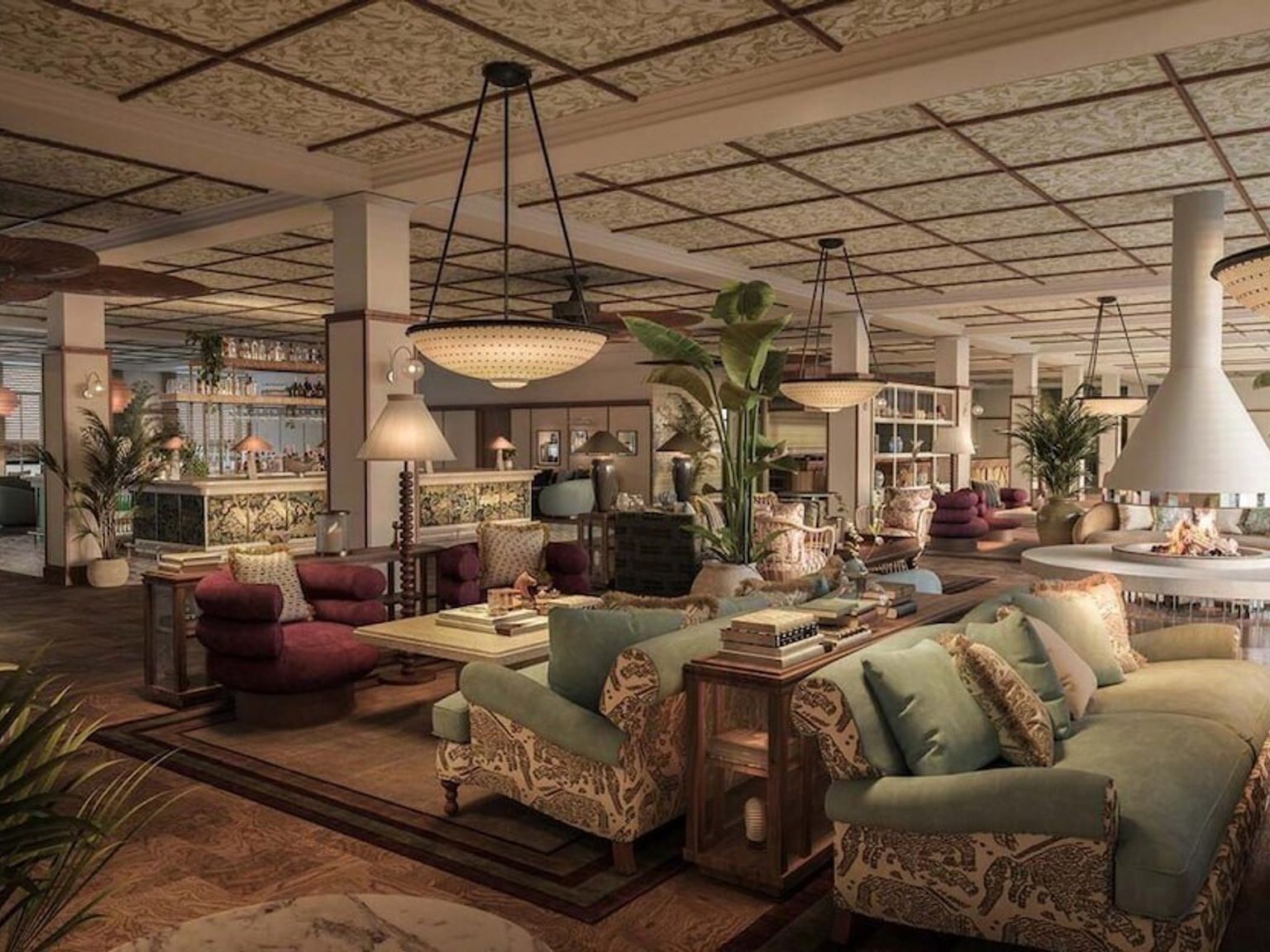 En stilren, rymlig hotellobby med olika sittgrupper, en bar, många växter och en modern konformad eldstad. Rox Resort